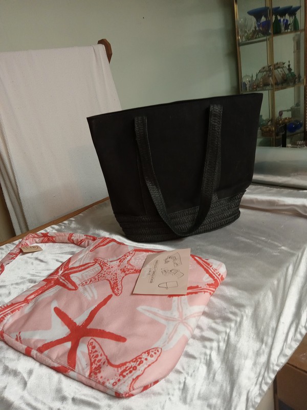 large tote bag with 2nd bag that unfolds into a beach towel - all set for a day at the beach