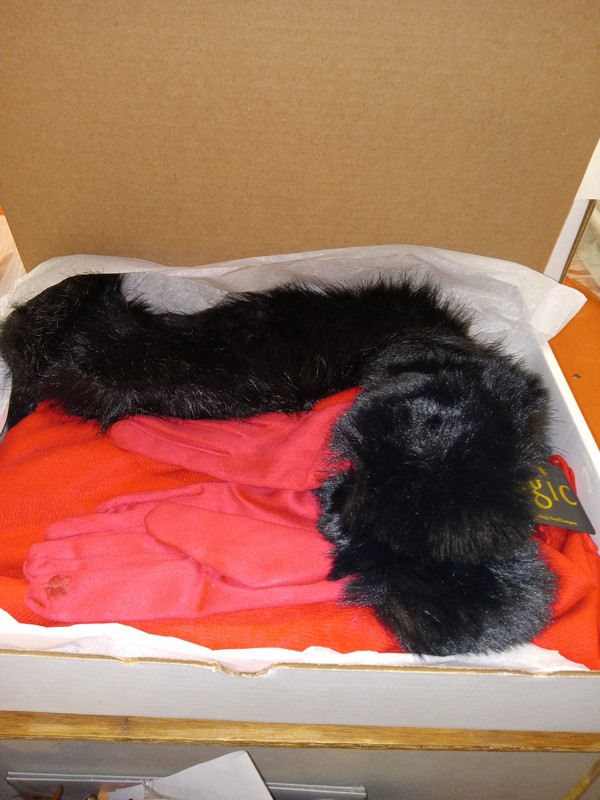 picture of red cape and gloves trimmed with black faux fur packed together in a box